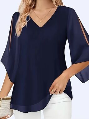 V-Neck Navy Split-Sleeve Women's Top